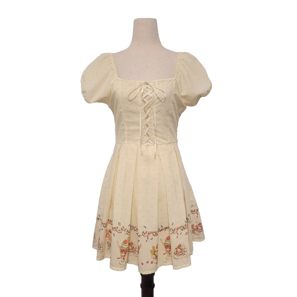 Ank Rouge Polka Dot Lace Up Pleated Sundae Print Dress Sz M Cottagecore Coquette - Picture 1 of 10